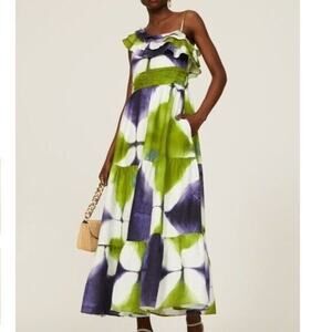 Busayo Collective One Shoulder Green Tie Dye Tiered Maxi Dress Linen Resort, 4